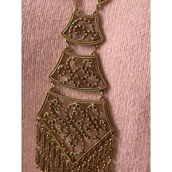 Vintage Monet Gold Filigree Paisley Tassel Statement Necklace 1970S Designer Art - Picture 11 of 16